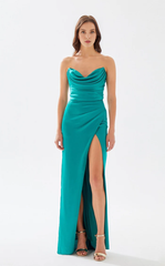 A-line chicken heart collar strapless backless high slit and floor length evening dress