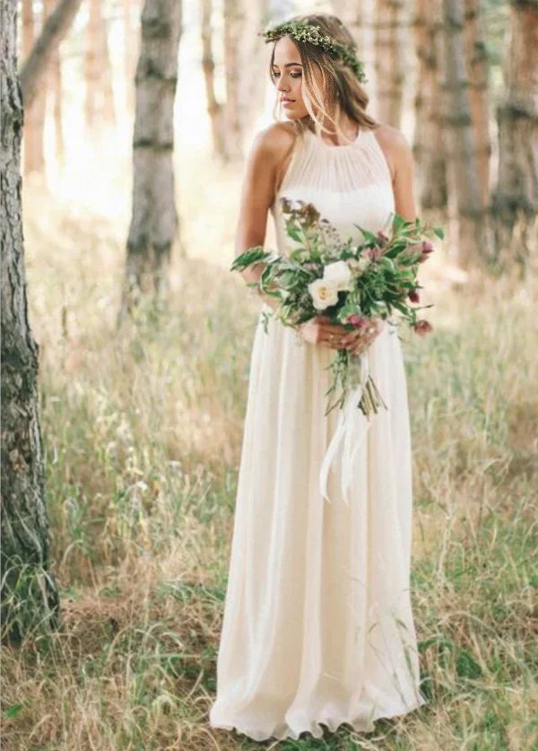 A Line Chiffon Elegant Bohemian Sleeveless Long Wedding Dresses