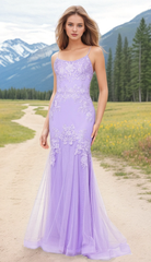 Light purple embroidered floral lace tight corset with lace back mermaid dress