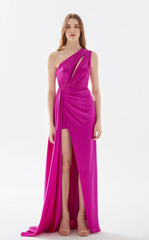 Asymmetric neckline backless side slit and floor length evening dress
