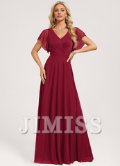 Ruffled A-line V-neck Floor-length Mesh Bridesmaids Dress
