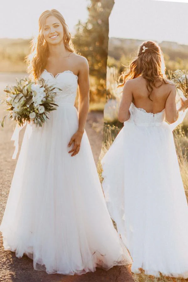 A-Line Sweetheart Floor-Length Ivory Wedding Dress with Lace