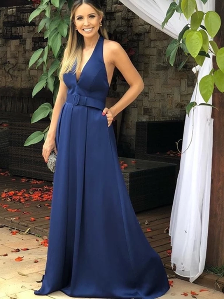 A Line V Neck Navy Blue Long Prom Dress with Pocket