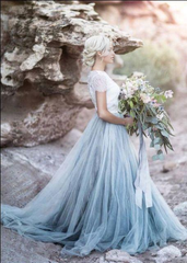 A Line Beautiful lace Top Short Sleeves Prom Dress Wedding Dresses