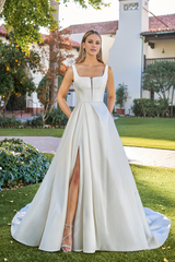 A-line deep V-satin tight corset and floor length wedding dress