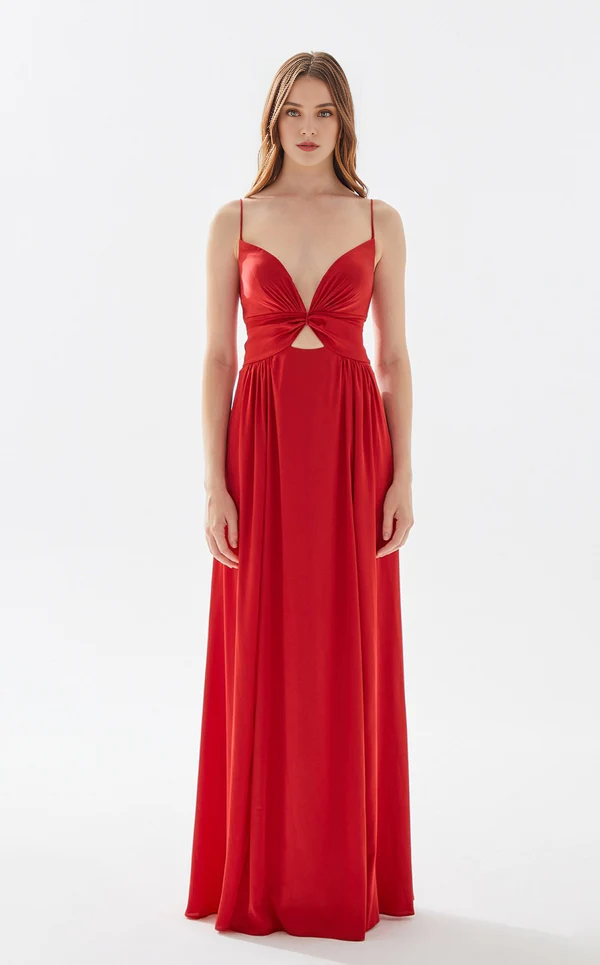 A-line deep V-neck thin shoulder strap and floor length evening dress
