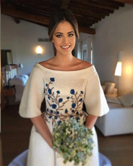 Embroidery Romantic Half Sleeve Bridal Gown Wedding Dresses