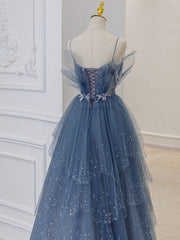 Gray blue tulle sequin beads long prom dress, blue evening dress