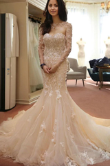 Mermaid Designer Open Back Sheer Flowers Long Sleeve Wedding Dress