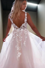 A-line Princess V-Neck Appliques Sweep Train Wedding Dresses With Lace