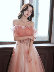 Pink tulle off shoulder long prom dress, pink tulle formal dress