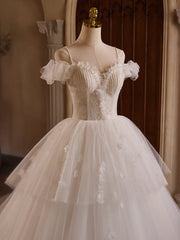 White Off Shoulder Tulle Lace Long Prom Dress, White Long Wedding Dress