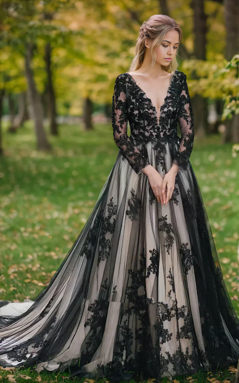 Boho Lace Flowy Forest Sleeved Backless Bridal Gown with Court Train Wedding Dress