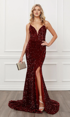 Back hollowed out burgundy sequin formal and floor length dress