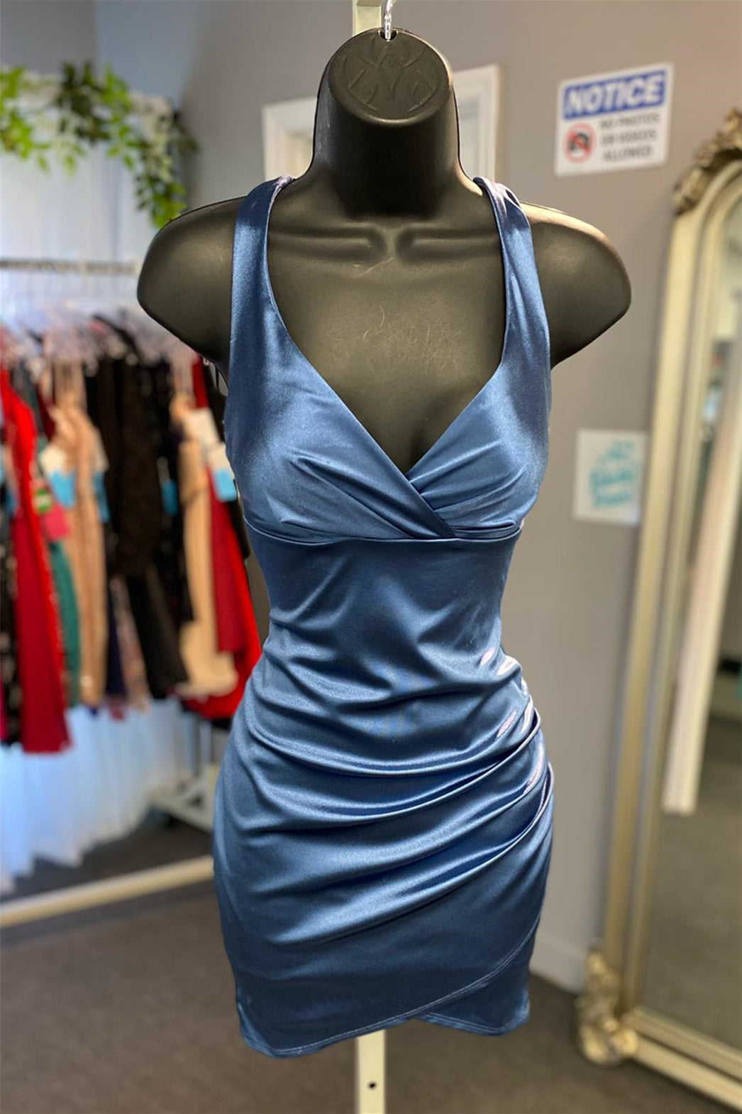 Dark Blue Faux-Wrap Deep V Sheath Homecoming Dress