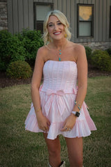 Blush Pink Strapless Corset Homecoming Dress with Bow Ruffle Hem