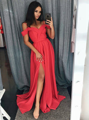A-Line Split Blue Elastic Satin Prom Dress
