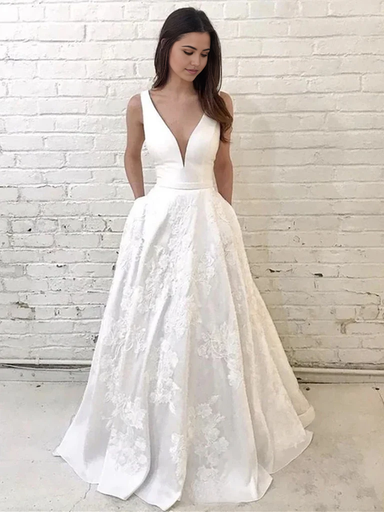A Line V Neck White Lace Long Prom Dresses With Appliques Wedding Dresses