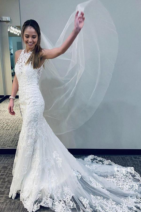 Mermaid Lace Train Racer Back Wedding Gown Wedding Dress