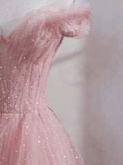 Pink off shoulder tulle tea length prom dress, pink tulle evening dress