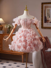 A-Line Tulle Beads Pink Short Prom Dress, Pink Homecoming Dress