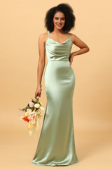 Sage fishtail neckline long satin bridesmaid dress