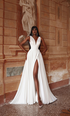 Perfect satin V-neck A-line V-shaped back satin button wedding dresses