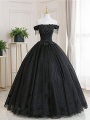 Black tulle lace long prom dress, black tulle lace evening dress