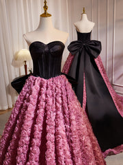 A-Line  Sweetheart Neck 3D Flower Pink Long Prom Dress, Pink Long Formal Dress