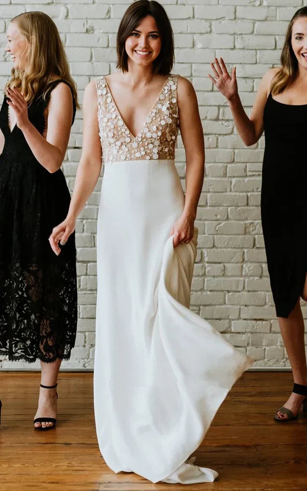 A-Line V-neck Low-V Back Appliques Satin Simple Wedding Dress