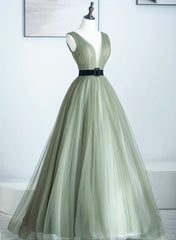 Light Green A-line Tulle V-neckline Long Formal Dress, A-line Floor Length Prom Dress