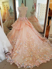 Beautiful Pink Flowers Round Neckline Sweet 16 Dress, Pink Quinceanera Dress