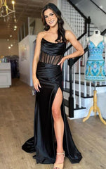 Strapless Black Prom Dresses Long, Sexy Graduation School Party Gown