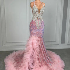 Roze halter zeemeermin prom -jurk met pailletten Beadings en tule ruches