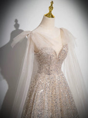 A-Line Scoop Neckline Tulle Champagne Long Prom Dress, Champagne Sequin Evening Dress