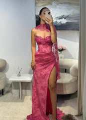 Vintage Fuchsia Sheath Lace Evening Gown High Slit Party Dress Long Formal Dress HZ1024