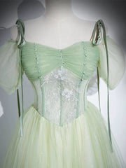 A-Line Tulle Lace Green Long Prom Dress, Green Long Evening Dress