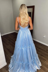 V Neck Light Blue Glitter Organza Satin A Line Prom Dresses