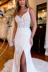 White Lace Queen Anne Mermaid Long Wedding Dress with Slit Sexy