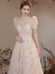 A-Line High Neck Lace Champagne Long Prom Dress with Beads