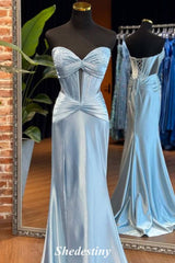 Mermaid Light Sweetheart Pleated Satin Prom Dress with Applique
