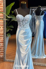 Mermaid Light Sweetheart Pleated Satin Prom Dress with Applique