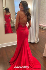 Lace-Up Red Cowl Neck Mermaid Satin Prom Dress with Slit