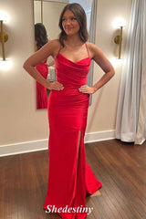 Lace-Up Red Cowl Neck Mermaid Satin Prom Dress with Slit