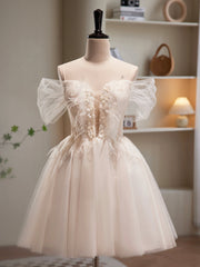 Champagne Tulle Sequins Short Prom Dress, Cute A-Line Homecoming Dress