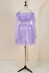 Lavender Strapless Ruffle A-Line Short Dress with Detachable Sleeves