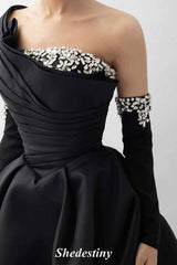 One Shoulder Black Rhinestone A-Line Prom Dress with Sleeves
