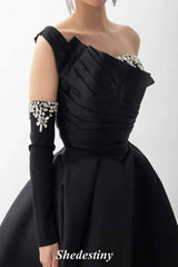 One Shoulder Black Rhinestone A-Line Prom Dress with Sleeves