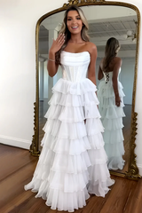 Royal Blue Strapless Rhinestone Ruffle Layered Prom Dress with Slit