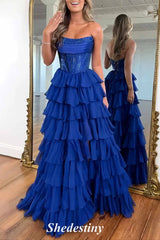 Royal Blue Strapless Rhinestone Ruffle Layered Prom Dress with Slit